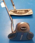 An Odyssey 2-ball putter, together with a Ping blade golf putter,