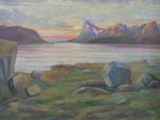 Oil on canvas of a sunset over a lake and mountains,