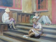Attributed to Margaret Theyre: Oil on board of two ladies and a gentleman sitting on steps.