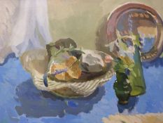 Meredith Ramsbotham: A still life oil of basket with bread, vase and plate,