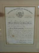 A framed and glazed Victorian Liverpool Shipwreck and Humane Society commendation awarded to John A.