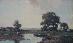 Geradus Jacobus Delfgaauw (1879-1948): Oil on canvas of man in a rowing boat on a pool with cattle