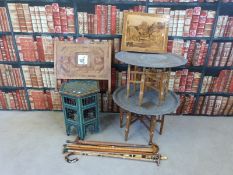 Two brass topped folding tables, hexagonal painted table,