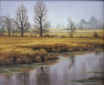 Christopher Osbourne: Oil on board of a river scene 'Country Quiet' verso probably Essex/Suffolk