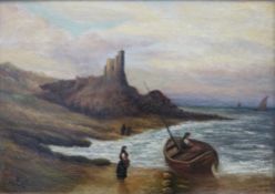An oil on canvas of net menders on a seashore with tin mine to the background,