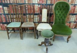 A collection of upholstered chairs and a stool together with a gilt framed wall mirror approx 45cm