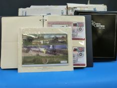 Three stamp cover albums relating to railway history and two coin/stamp albums celebrating the life