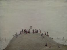 LS Lowry signed print 'The Noticeboard' of a crowd on a hill overlooking the sea;