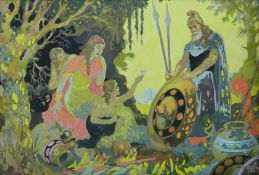 James Clark Oil on canvas of a warrior and three maidens,