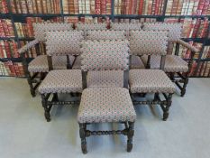 A set of eight (6 plus 2) upholstered oak dining chairs