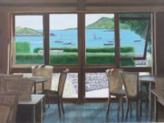 Roy Wallis acrylic on canvas 'Coffee House on Tresco' - view from the window (45.