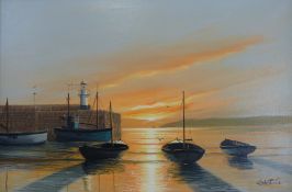 Keith English: Oil on canvas of boats by a harbour wall (60cm x 90cm)