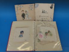 An album of pictures painted on silk including humorous book illustration style one of animals,