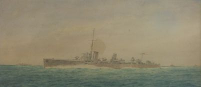 Irwin Bevan: Watercolour of HMS Sabre (1918-1945) with additional information verso (20cm x 44cm)