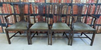 Four lyre back style dining chairs with upholstered seats,