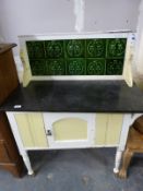 A marble topped painted washstand with tiled back (width 92cm)