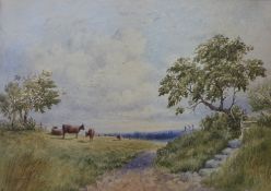 A watercolour of cattle in a rural landscape, indistinctly signed lower left F.