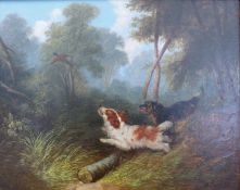 George Armfield (1808 -1893): Oil on canvas of two dogs flushing a pheasant (17 x 22cm)