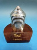 An Art Deco turned aluminium paperweight/letter scale, the top unscrewing to form the pan,