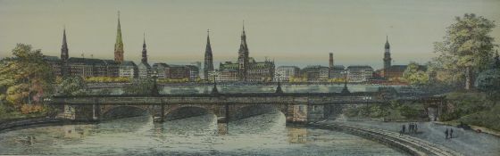 A pair of waterfront city scene coloured engravings signed Menzel (28cm x 90cm)