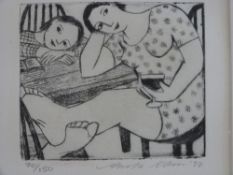 Anita Klein: signed limited edition 70/150 etching of a mother and daughter relaxing (10 x 12cm)