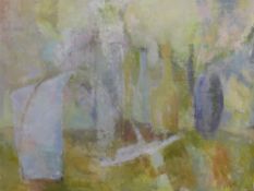 An Impressionist oil still life of bottles, signed with initials MC (47cm x 60cm)