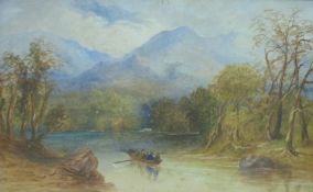Attributed to Charles Davidson (1824-1902) watercolour of figures in a rowing boat with mountains