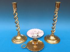 Brass openwork twist candlesticks and two chamber sticks