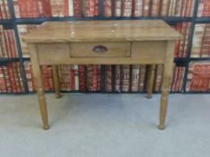 A small pine table with single drawer and turned legs (L91cm, W59,