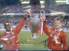 Three pictures of Manchester United all with facsimile signatures, one of George Best,