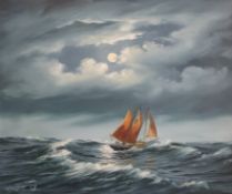 Keith English: Oil on canvas of sailing boat at sea (49.