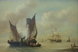 An indistinctly signed (possibly H. Bergson) oil on board of French ships just off the coast.