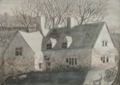 D Lodge: Watercolour of a fox outside a house at night (17 x 38cm)