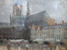 A framed and glazed mezzotint of 'Market at Ypres After Terrick Williams RA,