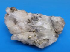 A geological example of a quartz with snow coloured and grey crystals, scattered with fools gold,