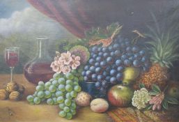 E Harrison: Oil on canvas still life of fruits, flowers, decanter and glass of wine,