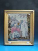 A Victorian sampler of a biblical scene in ornate gilt frame