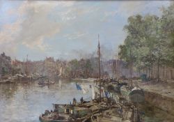 Johann Hendrik van Mastenbroek (1875-1945): Oil on canvas of busy Rotterdam river scene with barges,