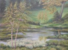 An oil on board of a lake scene, label verso 'W.