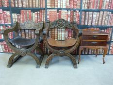 A pair of x framed carver chairs together with a two drawer bedside cabinet