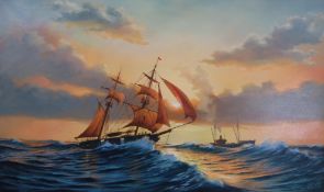 Keith English: Oil on canvas of sailing ships and steam ship at sea (60cm x 101cm)