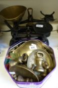 Two sets of kitchen scales together with a quantity of bell and other weights