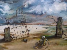 A gilt framed oil on canvas surreal landscape with skulls and skeletons 'The Gates',