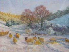 Elizabeth Hill pastel of sheep in a snowy landscape (45 x 56cm)