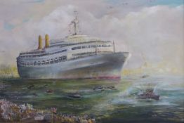 D  Aldridge: Oil on canvas of SS Canberra returning home from the Falklands (59cm x 70cm)