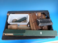 A collection of slide rules, drawing instruments, folding ruler, analytical weights,