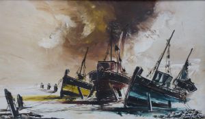 An oil on board of beached fishing vessels,