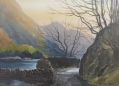 E Greig Hall: Watercolour of a lakeside road (26.5cm x 36.