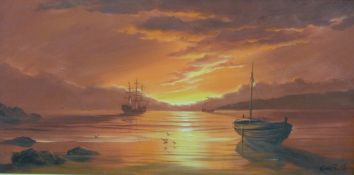 Keith English: Oil on canvas of ships at anchor in a red sunset seascape (50cm x 101cm)