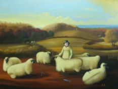 Two framed paintings on board of sheep,